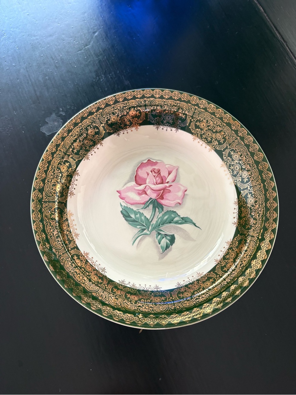 Vintage Taylor Smith Pink Rose Salad Bowl with Green and Gold Border